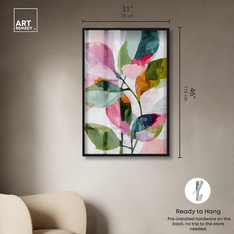 «Vibrant Leaves II Shadowbox Print», art mural palmier rose par Art Remedy, cadre noir, 31 x 46, H 46 po x l 31 po