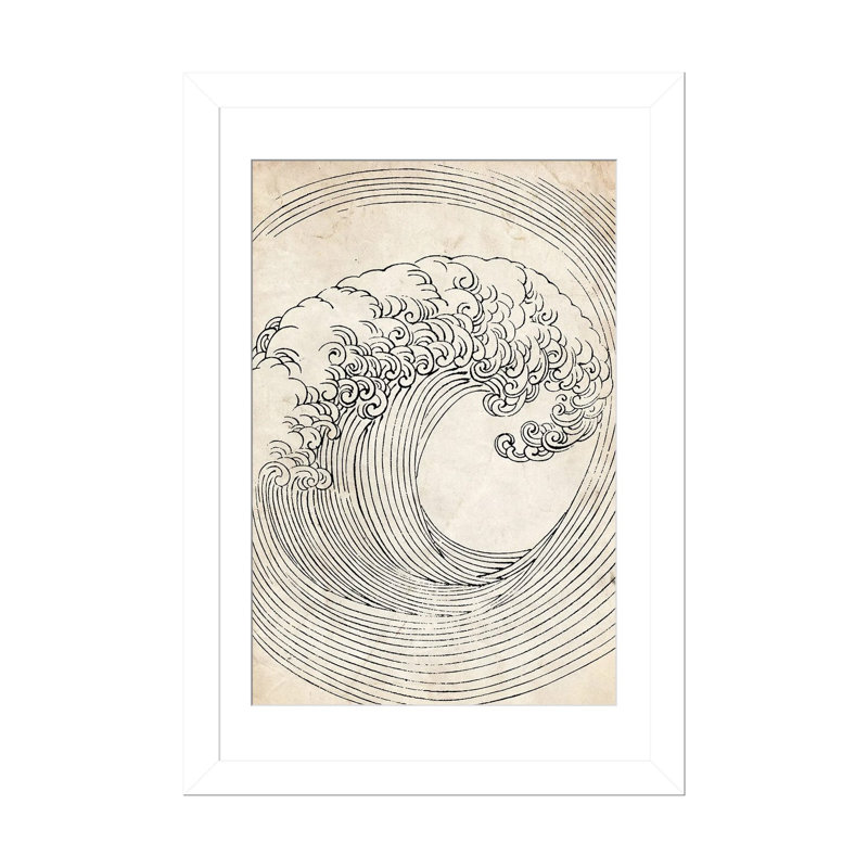 Croquis de vague zen rétro, Cadre blanc à coins ouverts, H 24 po x l 16 po