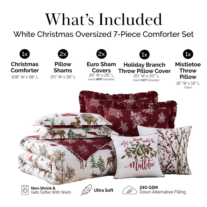 Southshore Fine Linens White Christmas Reversible Comforter Bedding Set, 7-Piece with 1 Comforter, 2 King Shams, 2 Euro Shams, 1 Throw Pillow and 1 Pillow Cover, King/California King
