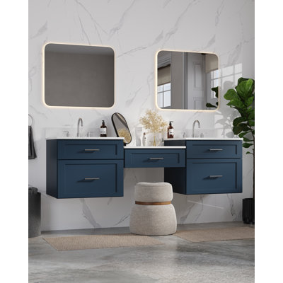 Meuble-lavabo double mural 72 po avec comptoir en quartz Carrara