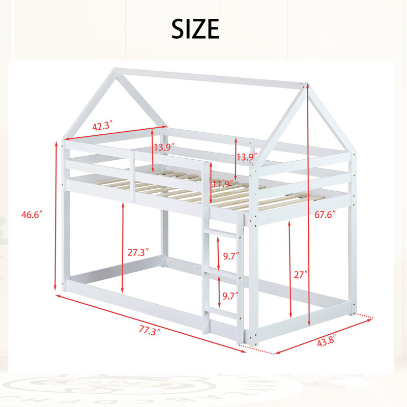   77" Twin Over Twin Floor Bunk Bed with House-Shaped Roof, Solid Wood, White