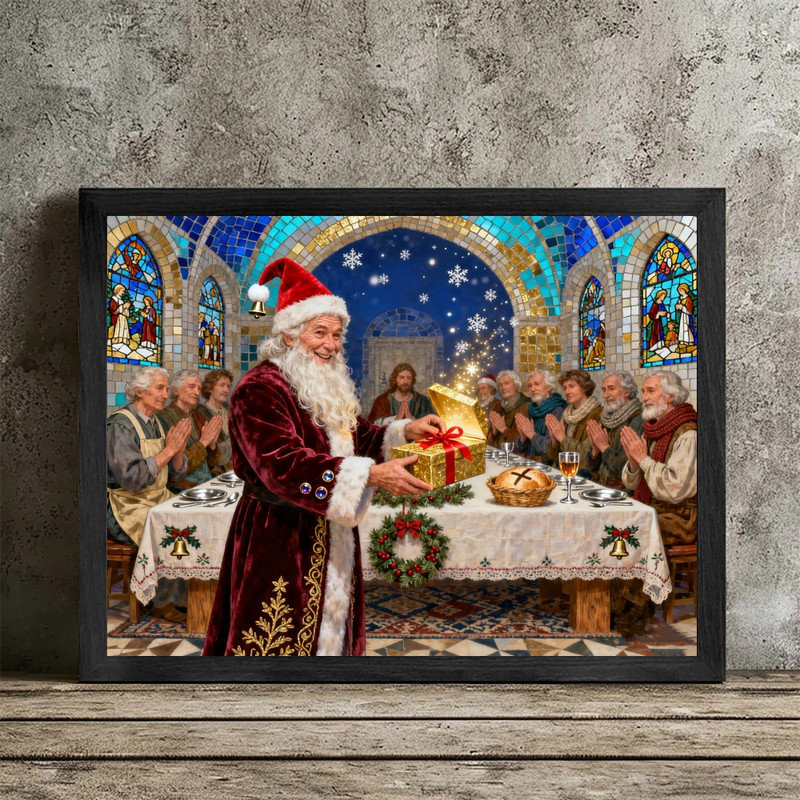 Art mural noir encadré rétro du Père Noël - impressions de décorations de scène religieuse de Noël, H 11 po x l 9 po