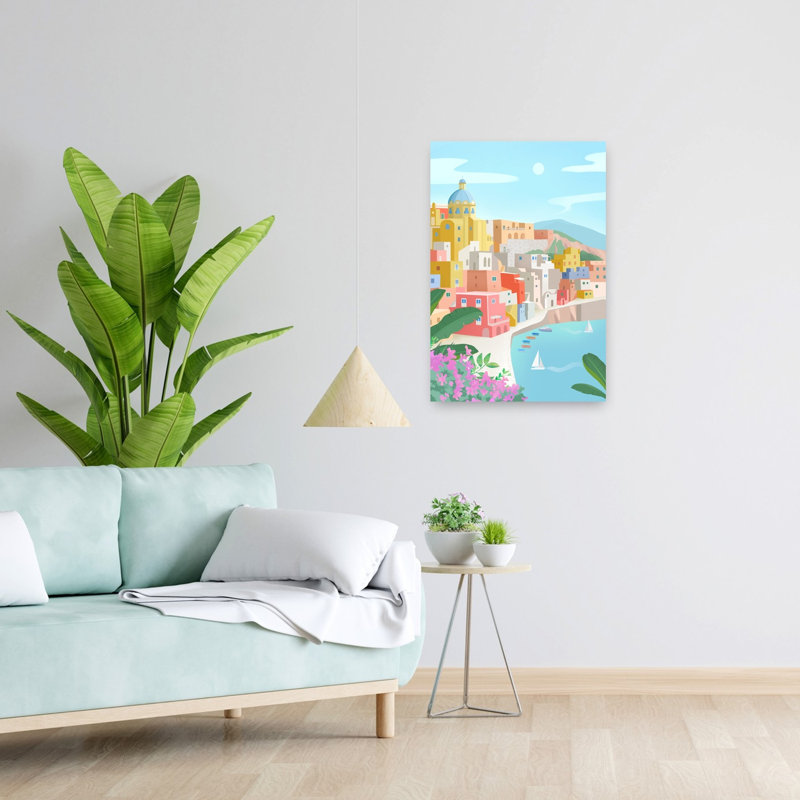 Île de Procida, Italie. Illustration murale côtière colorée, sereine et tranquille., H 24 po x l 16 po