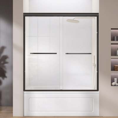 56 To 60 In. W X 60 In. H Double Sliding Shower Door In Brushed Matte Black Bypass Alcove Shower Door With Clear Glass