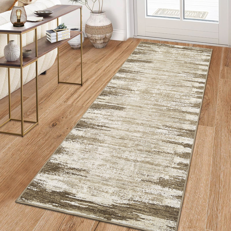 2x6 Washable Runner Rug Modern Abstract Striped Machine Washable Easy Cleaning Indoor Carpet Non Slip Non Shedding Low Pile Floor Cover For Kitchen Hallway Laundry Entryway,Taupe