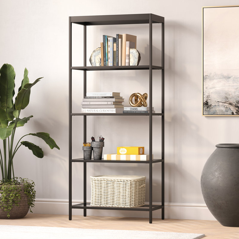 Alexis 70"H 4-Tier Metal Glass Wide Rectangular Bookcase in Blackened Bronze, Black, 70" H x 30" W x 14" D