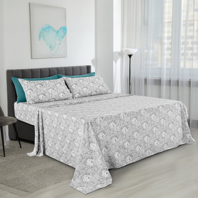 Leeson Microfiber Paisley Sheet Set, Full Sheet Set + 1 Fitted Sheet + 4 Pillowcases, Gray