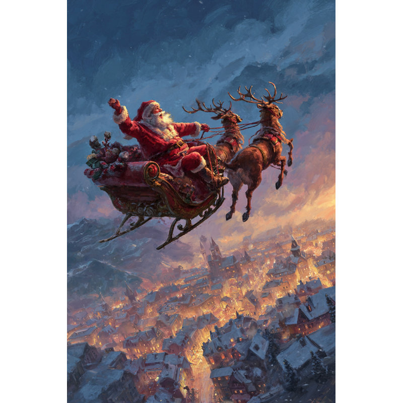 Père Noël survolant un village enneigé, art mural sur toile, 24 po x 36 po