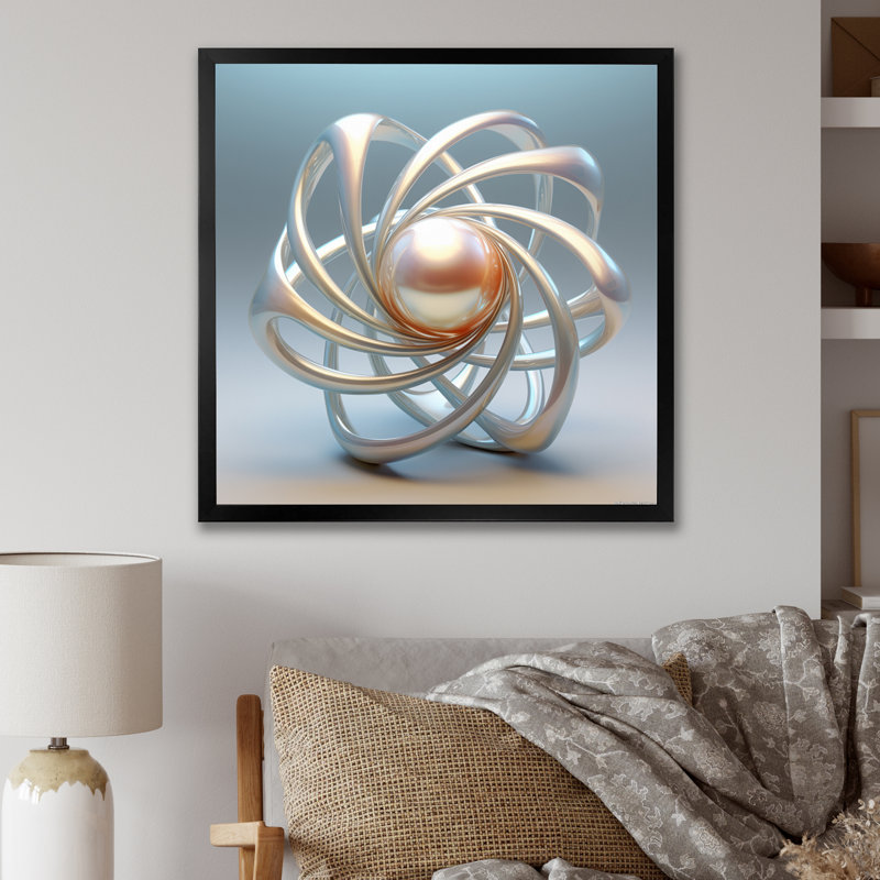 Motif de perle exquise sur fond blanc argenté, Cadre simple noir, H 30 po x l 30 po x P 1 po