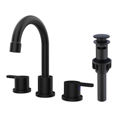 Widespread Bathroom Sink Faucet Matte Black 2 Handle 8 Inch Lavatory Faucet 3 Hole 360° Swivel Spout Vanity Sink Basin Faucets With Pop Up Drain Assembly