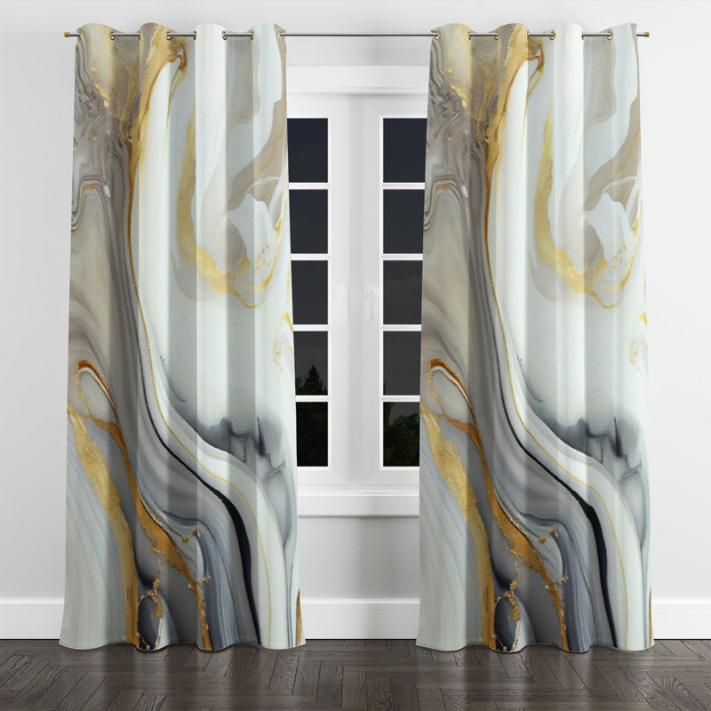 Rideau à œillets occultant moderne blanc et or Marble Abstract III - 1 panneau, L 52 po x L 63 po, Œillets dorés