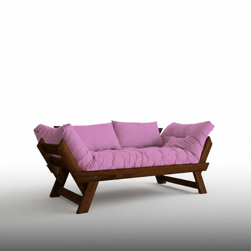 Convertible Pine Wood 2-Seat Outdoor Sofa With Waterproof Linen Cushions, Walnut, Pink