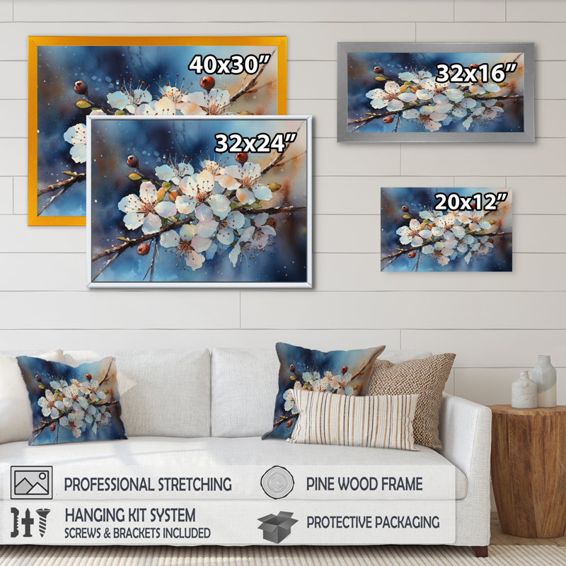 Pomme rond bleu et blanc artistique sur toile III, Cadre photo noir, H 12 po x l 20 po x P 1 po
