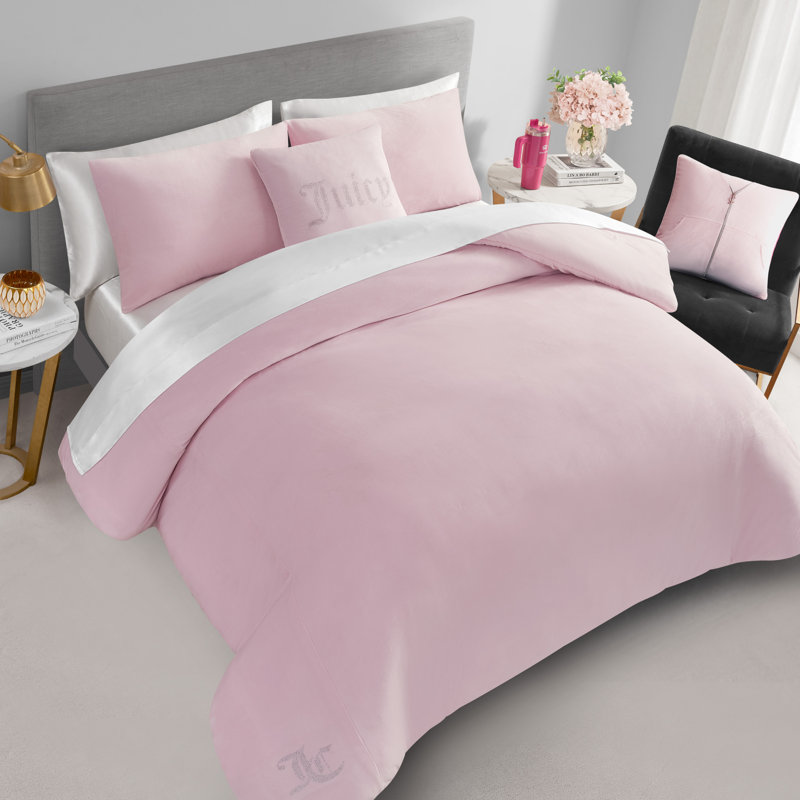 Juicy Couture Velour Comforter Set with 2 Decorative Pillows, Queen + 2 Standard Shams, Marshmallow Pink