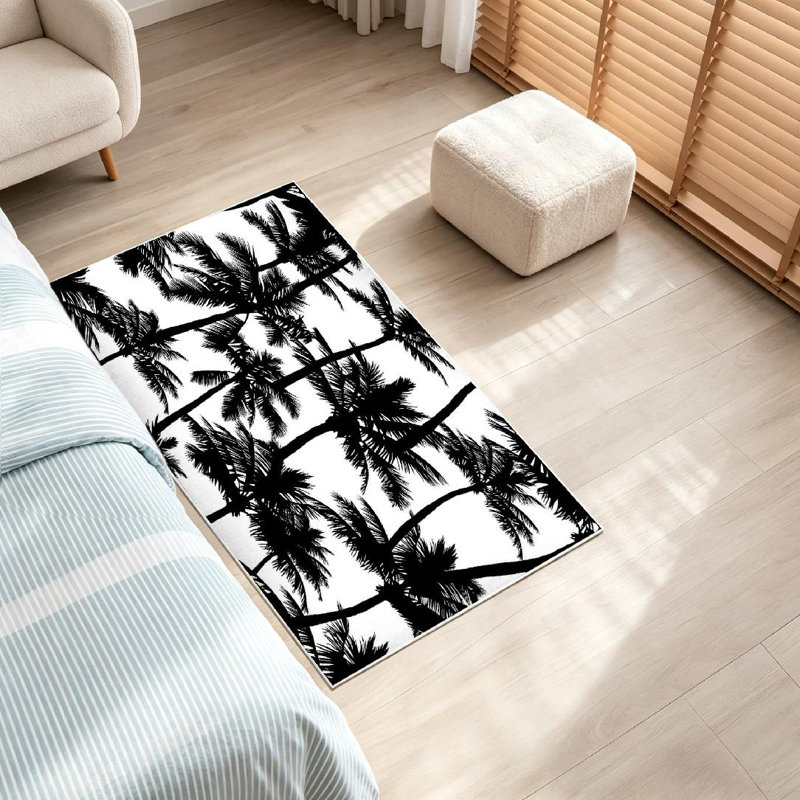 Tapis blanc lavable à la machine, palmiers noirs dessinés pour l'intérieur, Rectangle 32 po x 47 po