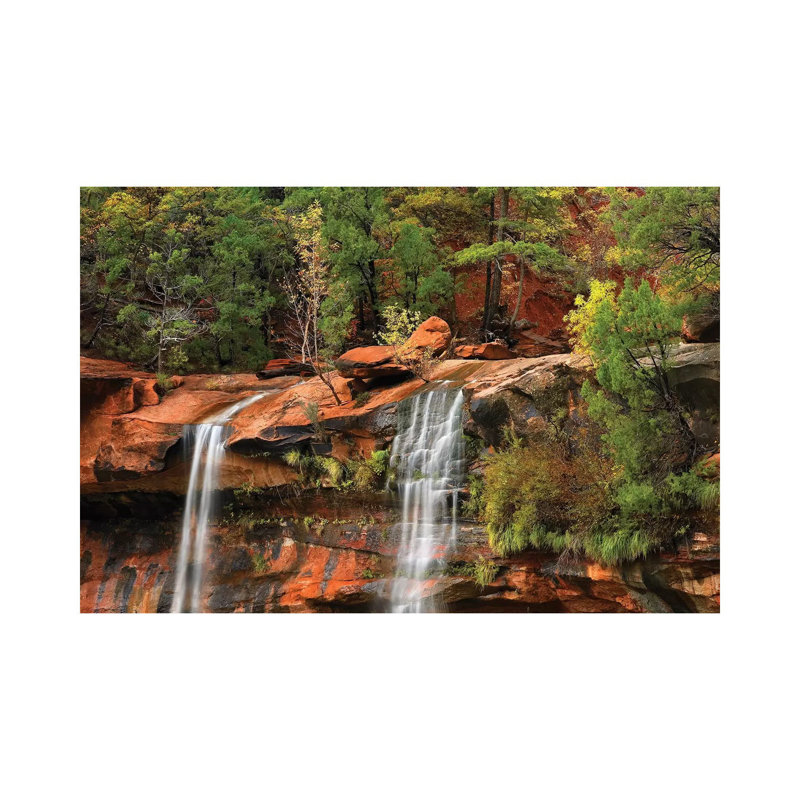 Cascades Tumbling 110 Feet At Emerald Pools, Note The Black Streaks Called Desert Varnish, Zion National Park, Utah II by Tim Fitzharris - Wrapped Canvas Print