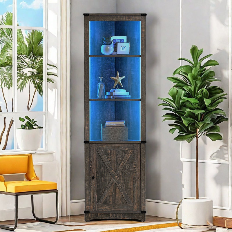 Aspenn 67" H Corner Bookcase with LED Light, Corner Storage Cabinet with Adjustable Shelf, Retro Wood