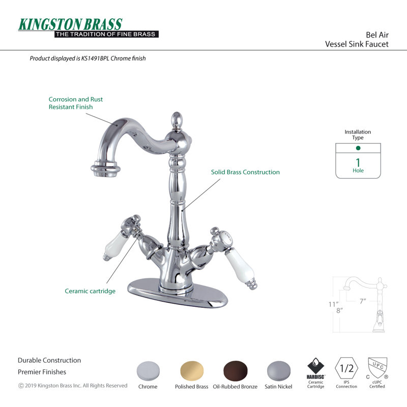 Kingston Brass Bel-Air Two-Handle 1-or-3 Hole Deck Mount Vessel Faucet, Oil Rubbed Bronze