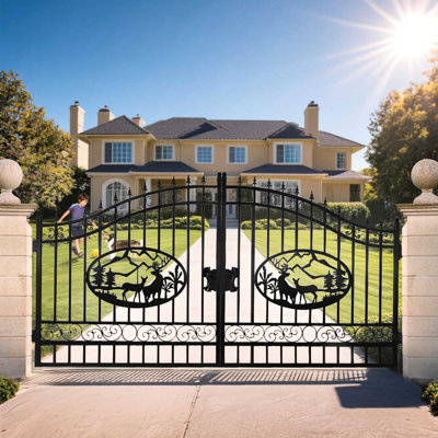 14 ft. W Steel Dual Swing Driveway Gate - DEER Style