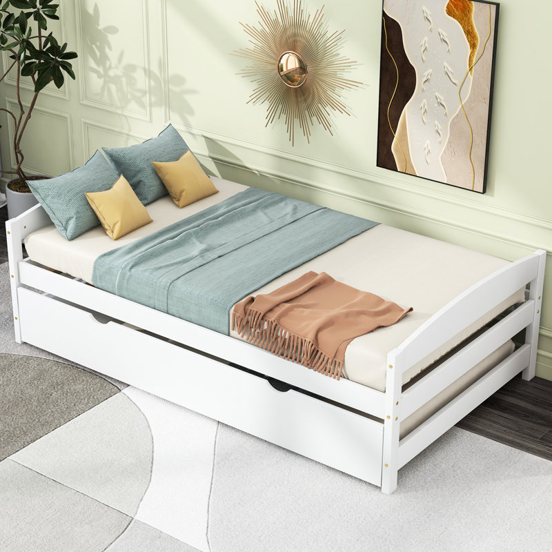 White Twin Size Platform Bed With Pull-Out Trundle - Bedroom In Piece
