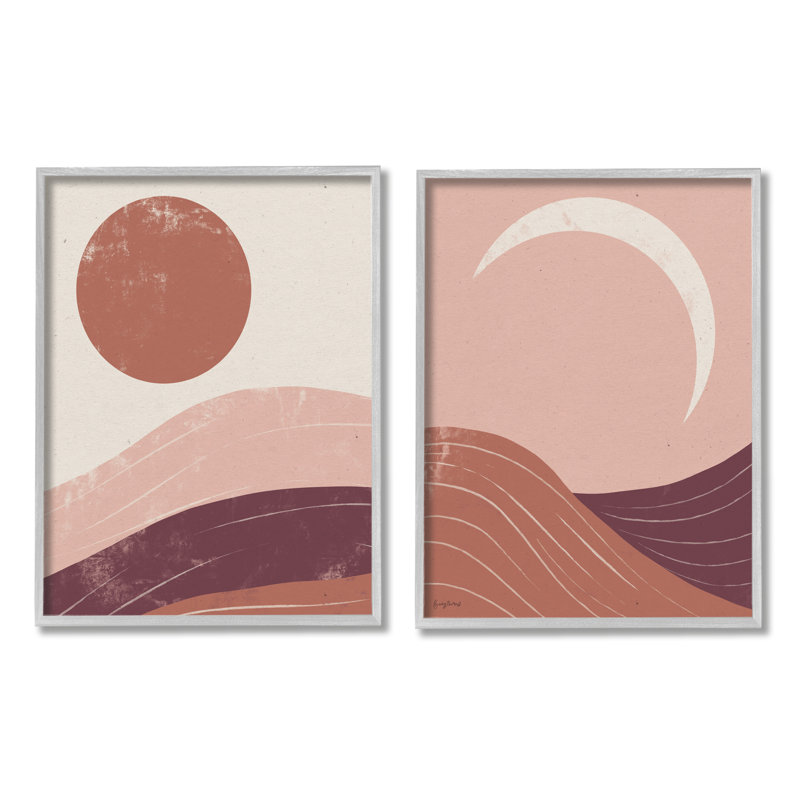 Sun And Moon Sunrise Sunset Desert Collage by Becky Thorns - 2 Piece Print Set, 11" W x 14" H, Farmhouse Grey Framed Giclee