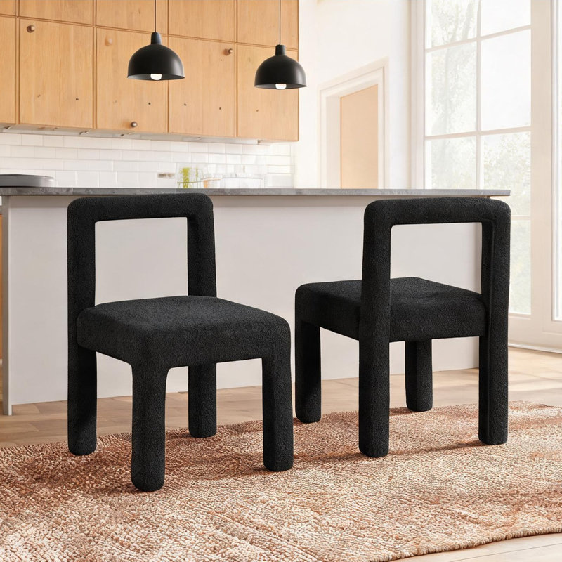 Ensemble de 2 chaises d'appoint en tissu bouclé noir foncé avec dossier carré ouvert pour les salles à manger modernes