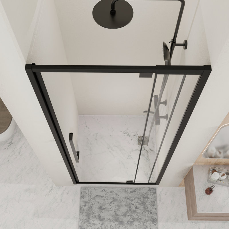 Porte de douche semi - pivotante en verre 44 48 po L, 72 H, 1/4 po, 6 mm trempé, noir mat, imperméable et réversible pour les configurations de salle de bain