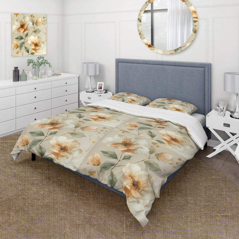 Gold Green Watercolor Floral Dream - Ensemble de housse de couette floral, Housse de couette pour grand lit + 2 taies décora