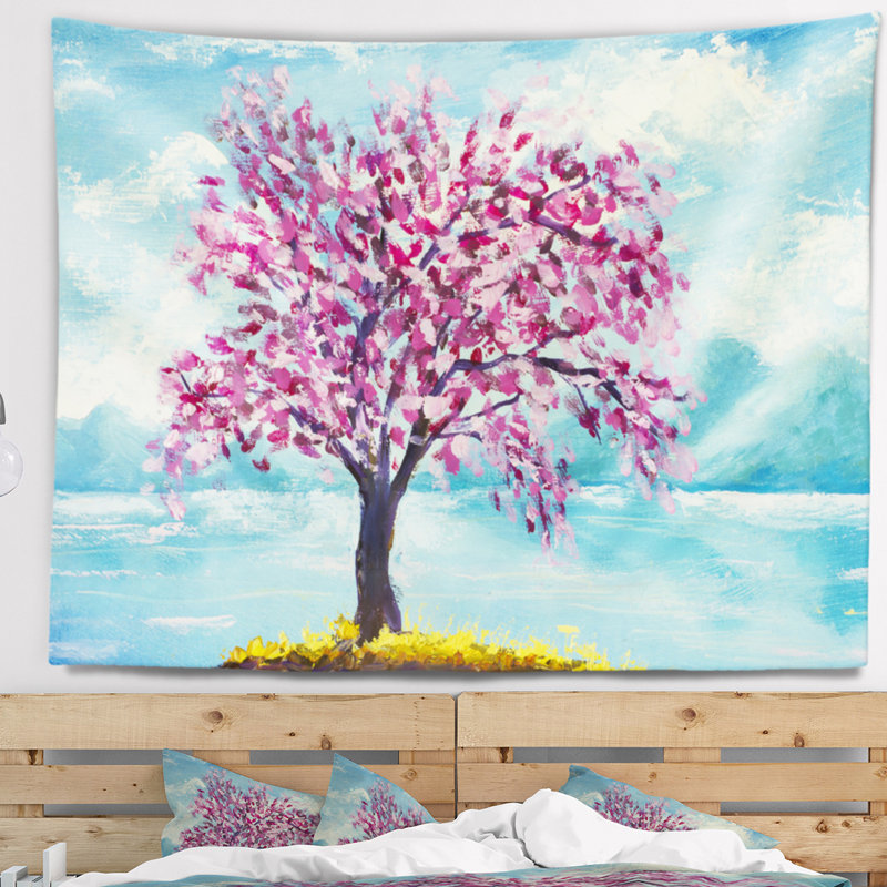 Tapisserie en polyester floral sakura fleurs avec accessoires suspendus inclus, H 68 po x l 80 po