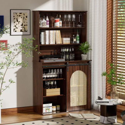 71 In Farmhouse Tall Pantry Cabinet With Sliding Rattan Door