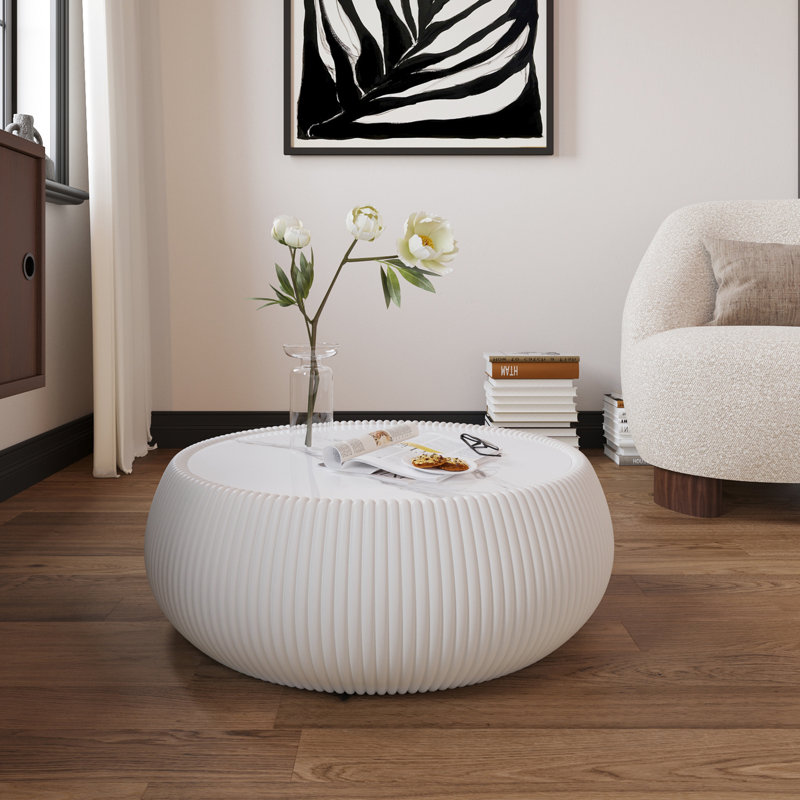 Table basse moderne en cuir fritté clair en forme de tambour en cuir pour salon, Blanc, crème, Blanc, crème