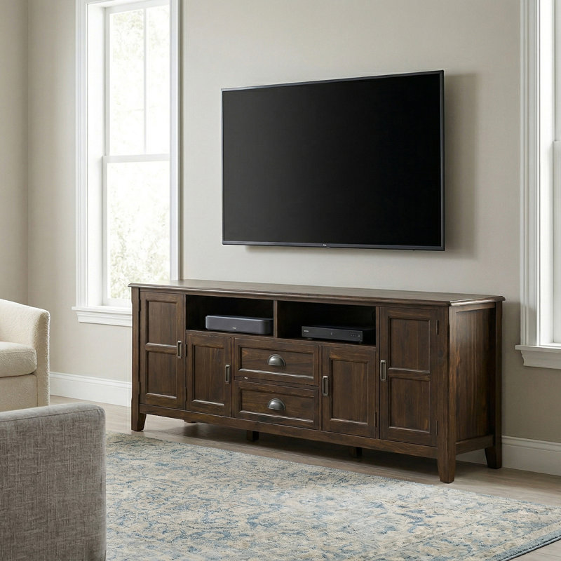 Burlington 72"W Solid Wood Transitional TV Stand for TVs up to 80" with 2 Cabinets, 2 Drawers, and Open Cubbies