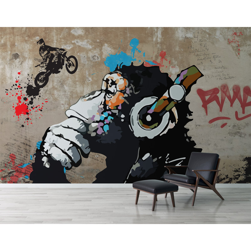 Papier peint Gorilla avec écouteurs écoutant de la musique