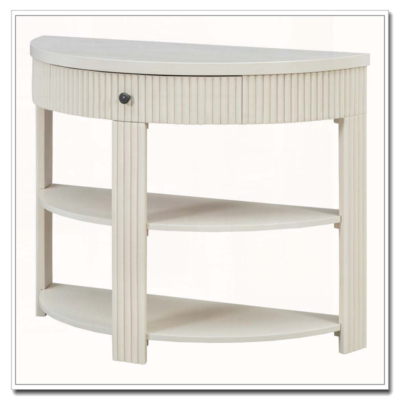 Console cannelée demi-lune avec tiroir et tablettes, Crème