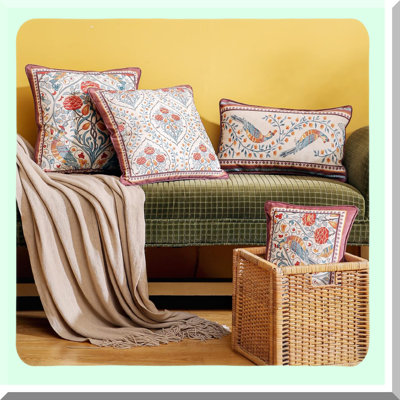 Vintage Bird Floral Velvet Pillow Cover Set - Farmhouse Decorative Throw Pillowcases for Couch & Bed - Designer Pack of 4 Square Cushion Covers