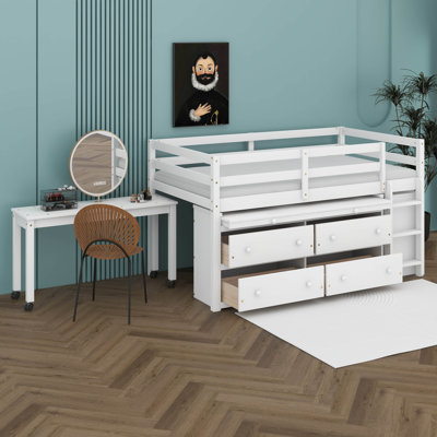 Twin Size Loft Bed With Retractable Writing Desk And 4 Drawers, Wooden Loft Bed Frame With Shelves, Low Loft Bed For Kids