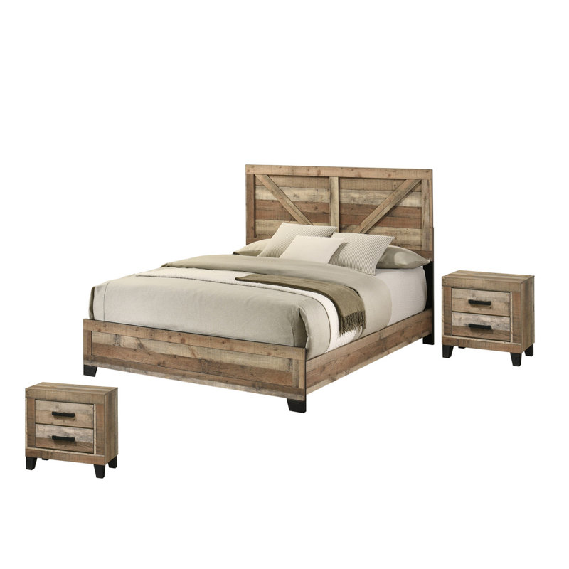 Ensemble de chambre à coucher 3 pièces en pin brun vieilli, Très grand