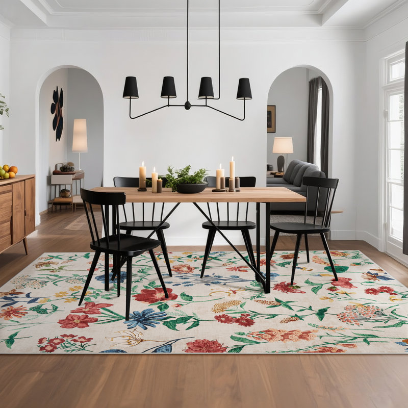 Area Rug for Living Room, Floral Washable Rugs, Low Pile, Soft Non-slip Vintage Carpet for Bedroom, Kitchen, Dining Room, Office
