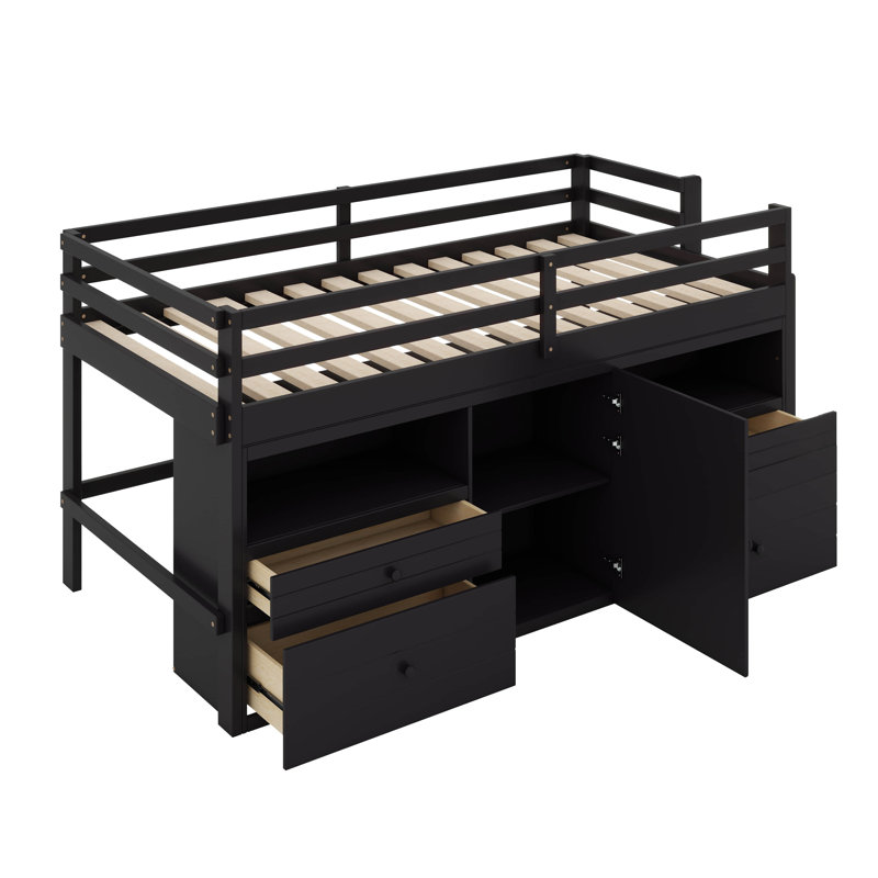 Leda Twin Size Loft Bed with 4 Drawers, Underneath Cabinet and Shelves, Espresso