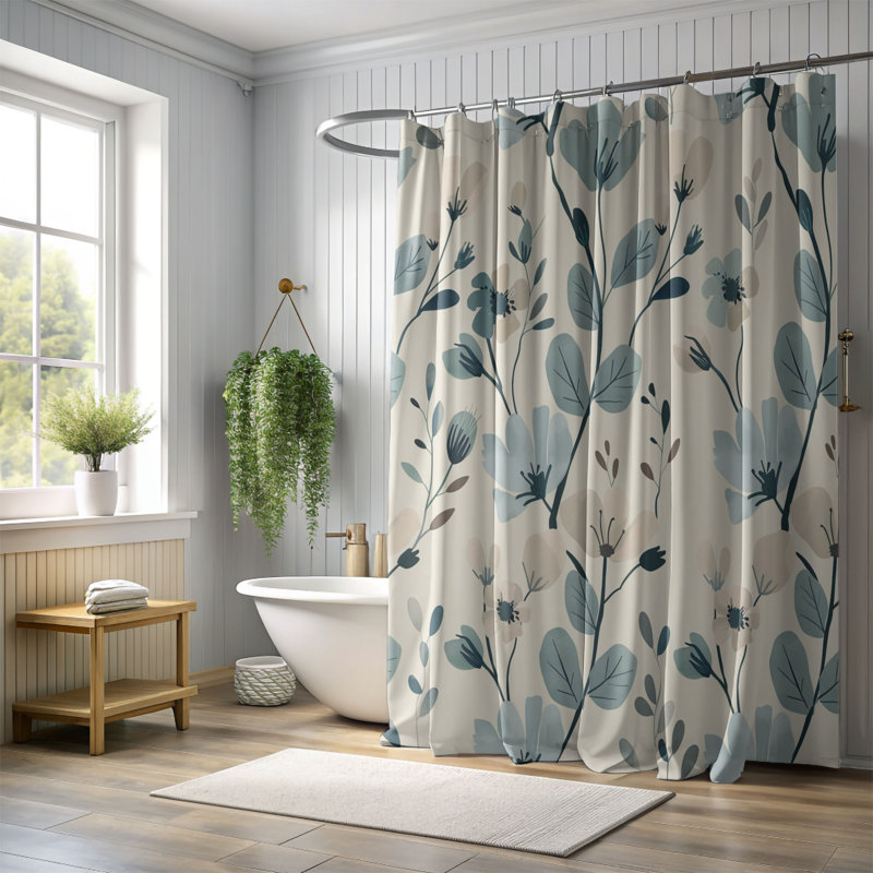 Rideau de douche standard 1 pièce Minimalist Teal Florals, H 74 po x l 71 po