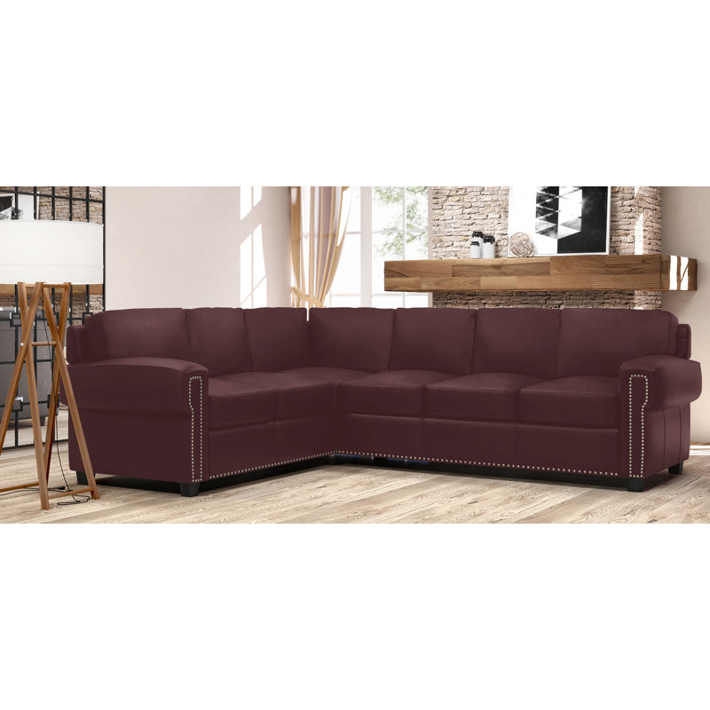 Fardin Upholstered L-Shaped Sectional, Right Facing, Wine Genuine Leather
