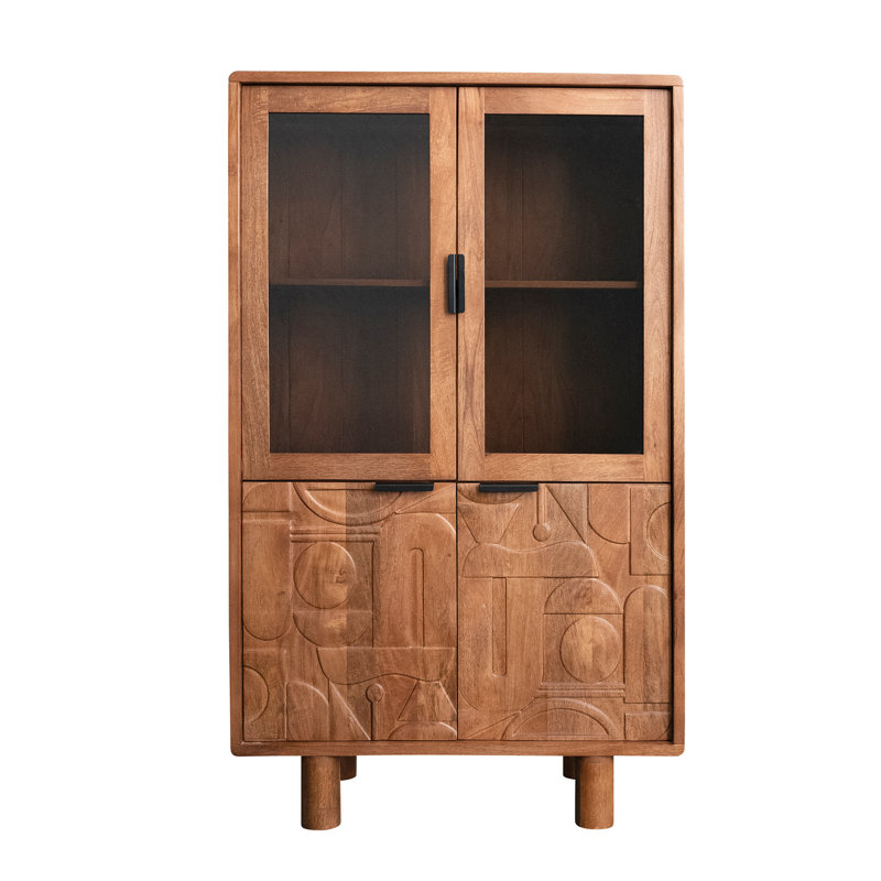 Carved Mango And Acacia Wood Cabinet With Glass Top Doors