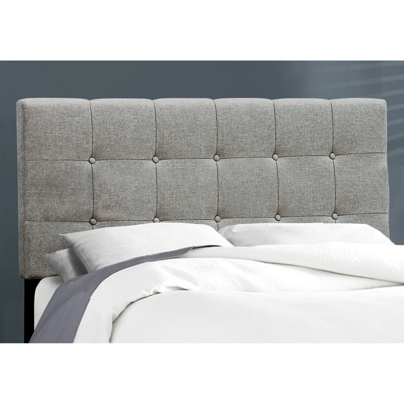 Lit double tapissier gris avec tête de lit et base de revêtement en lin
