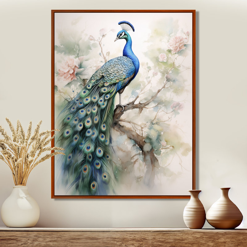 Baldassarre bleu encre délavée paon II - paon grand art mural, H 32 po x l 16 po, Cadre flottant brun