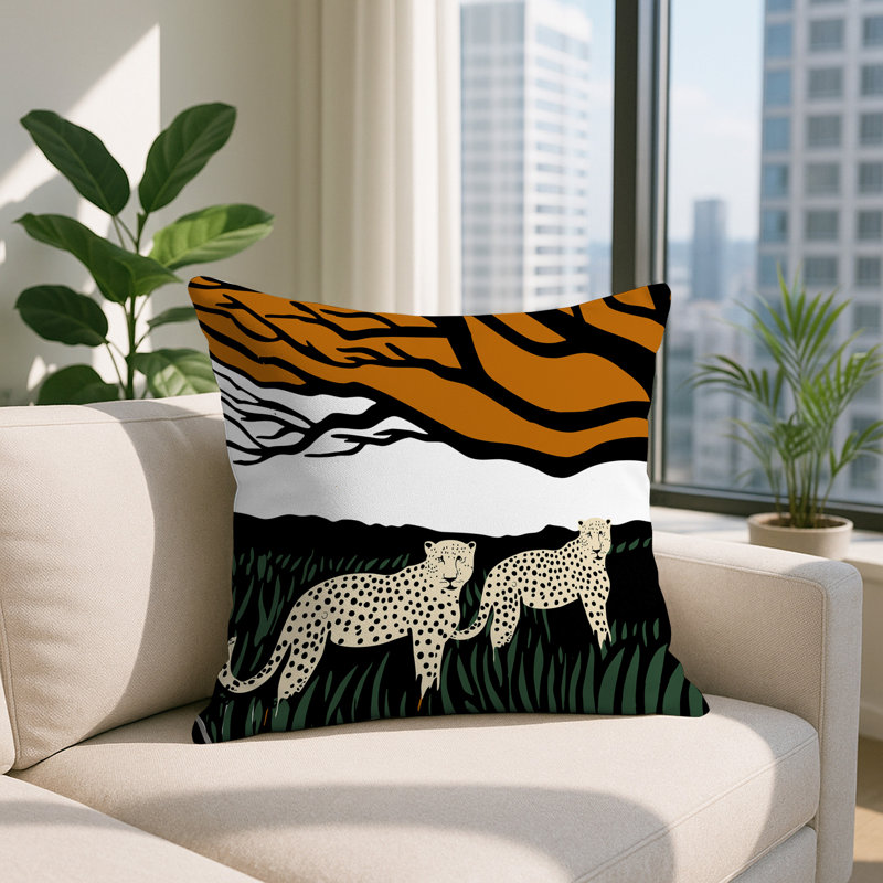 Oreiller carré réversible intérieur / extérieur Vold Leopard, Orange, Carré 18 po