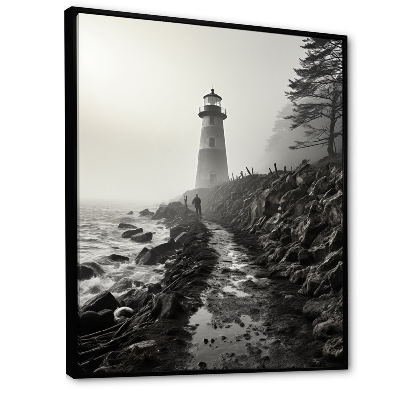 Phare Bansemer noir et blanc avec horizon brumeux, Cadre flottant noir, H 20 po x l 12 po x P 1 po
