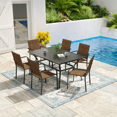 Table d'extérieur rectangulaire en acier pour 6 personnes avec chaises empilables
