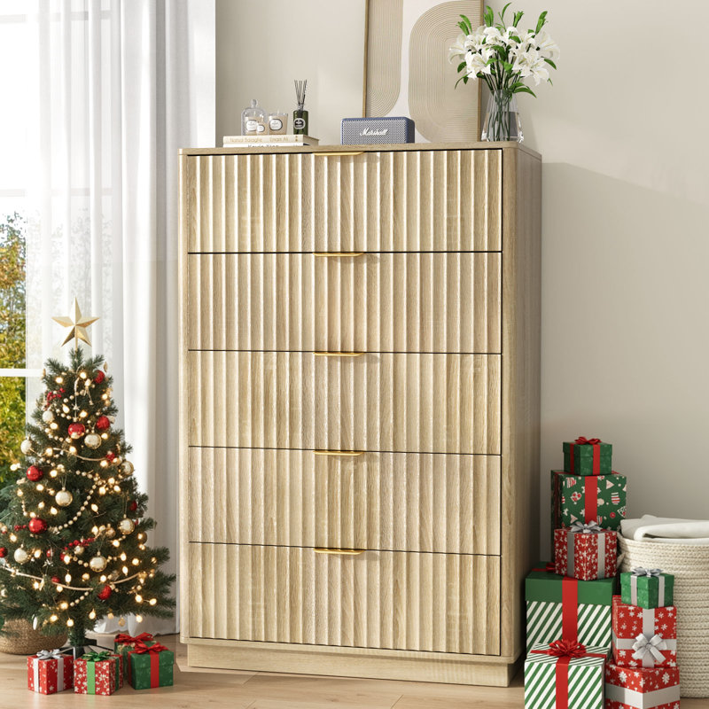Commode 5 tiroirs, commode en bois, Oak/White Marble