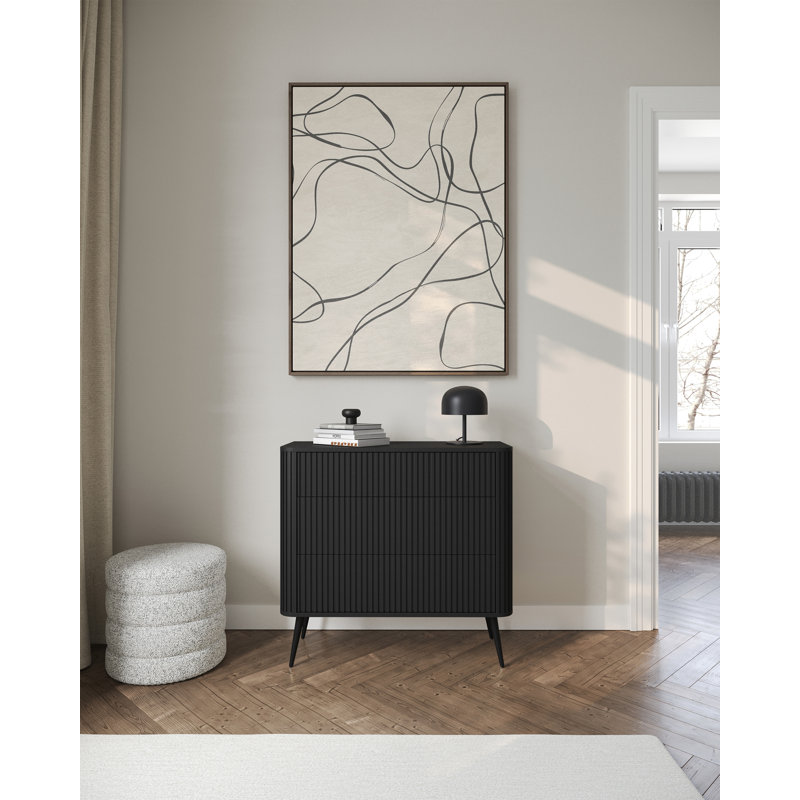 Chest of Drawers with Fluted Fronts and Three Drawers, Black