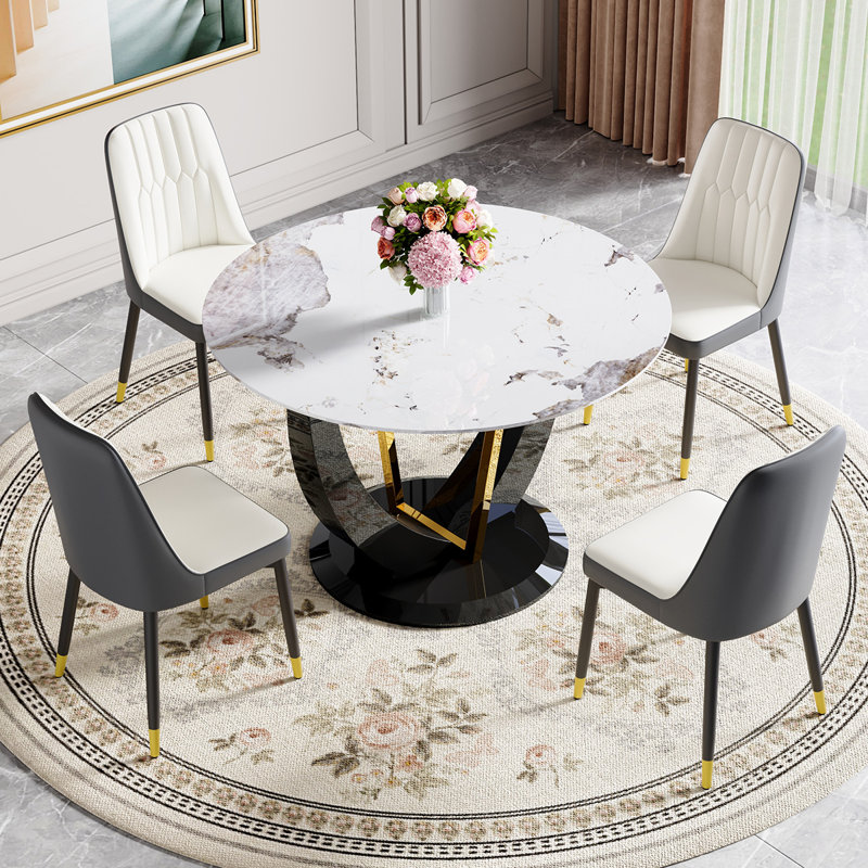 48" Modern Round Dining Table For 4-6 With Tempered Glass Tabletop, 5 Pieces: Table, 4 Chairs, Gray/White/Black